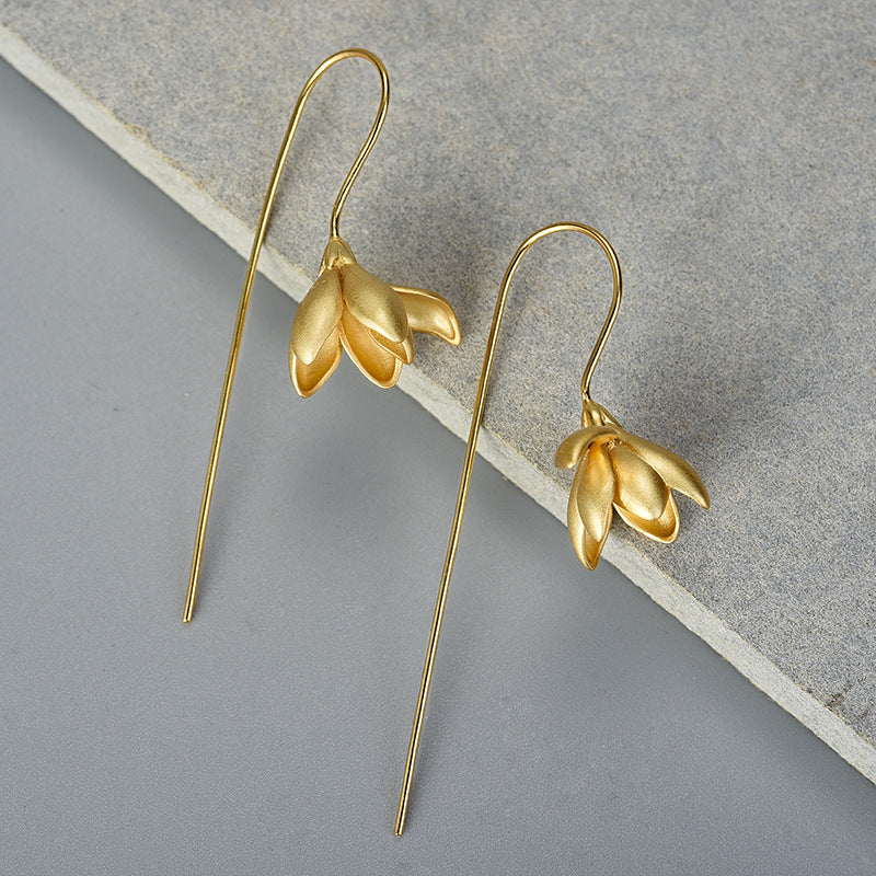 Flower Drop Earrings Magnolia Flower Sterling Silver S925 Women's Earrings Chinese Style