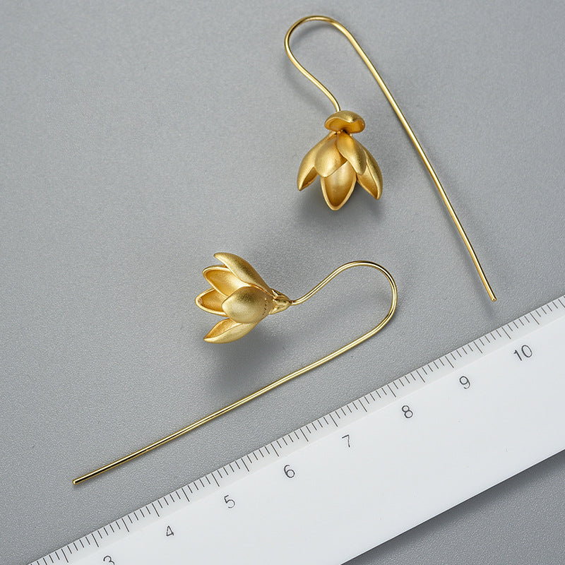 Flower Drop Earrings Magnolia Flower Sterling Silver S925 Women's Earrings Chinese Style
