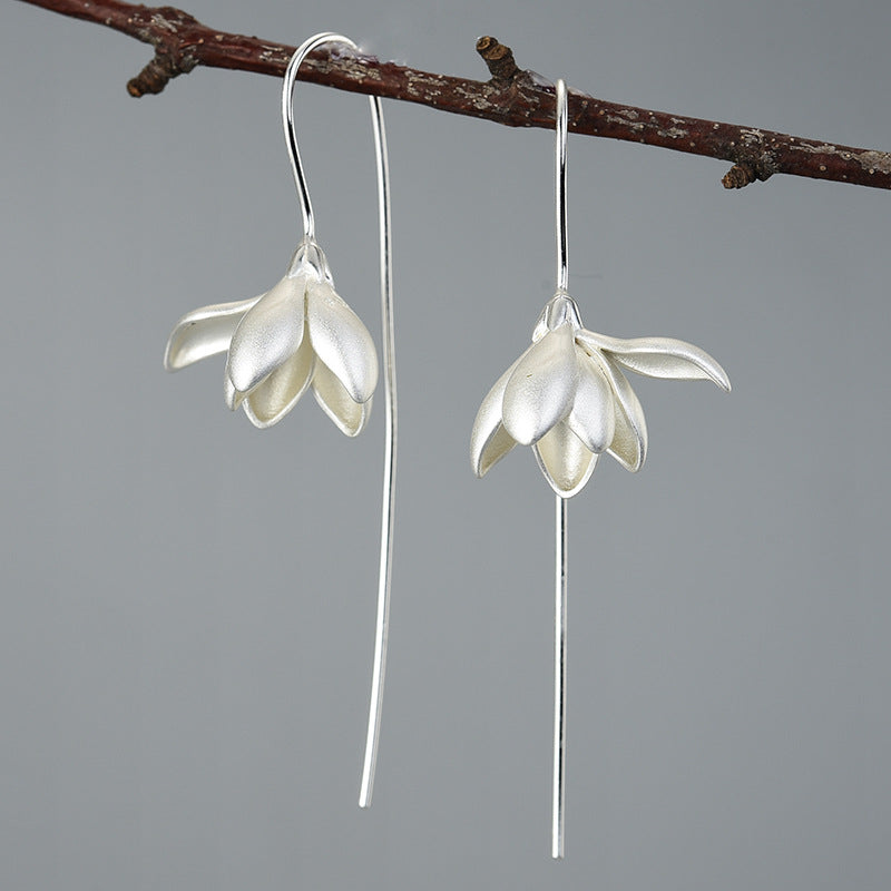 Flower Drop Earrings Magnolia Flower Sterling Silver S925 Women's Earrings Chinese Style