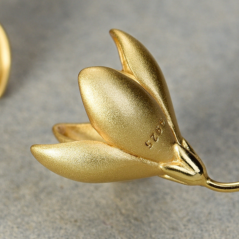 Flower Drop Earrings Magnolia Flower Sterling Silver S925 Women's Earrings Chinese Style