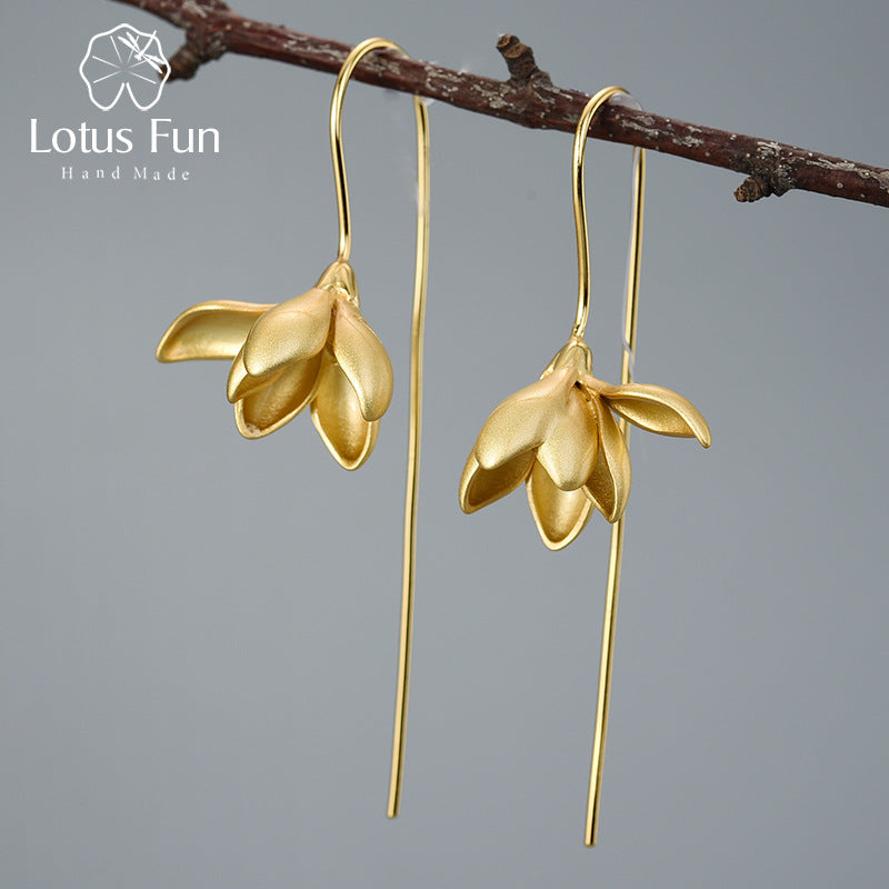 Flower Drop Earrings Magnolia Flower Sterling Silver S925 Women's Earrings Chinese Style