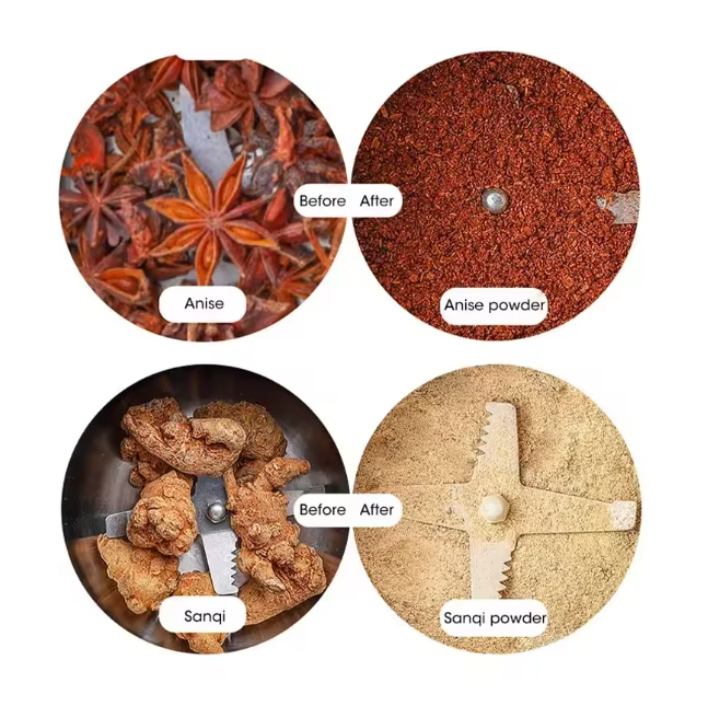 Anise and Sanqi powder before and after use of Multifunctional Mini Grinder