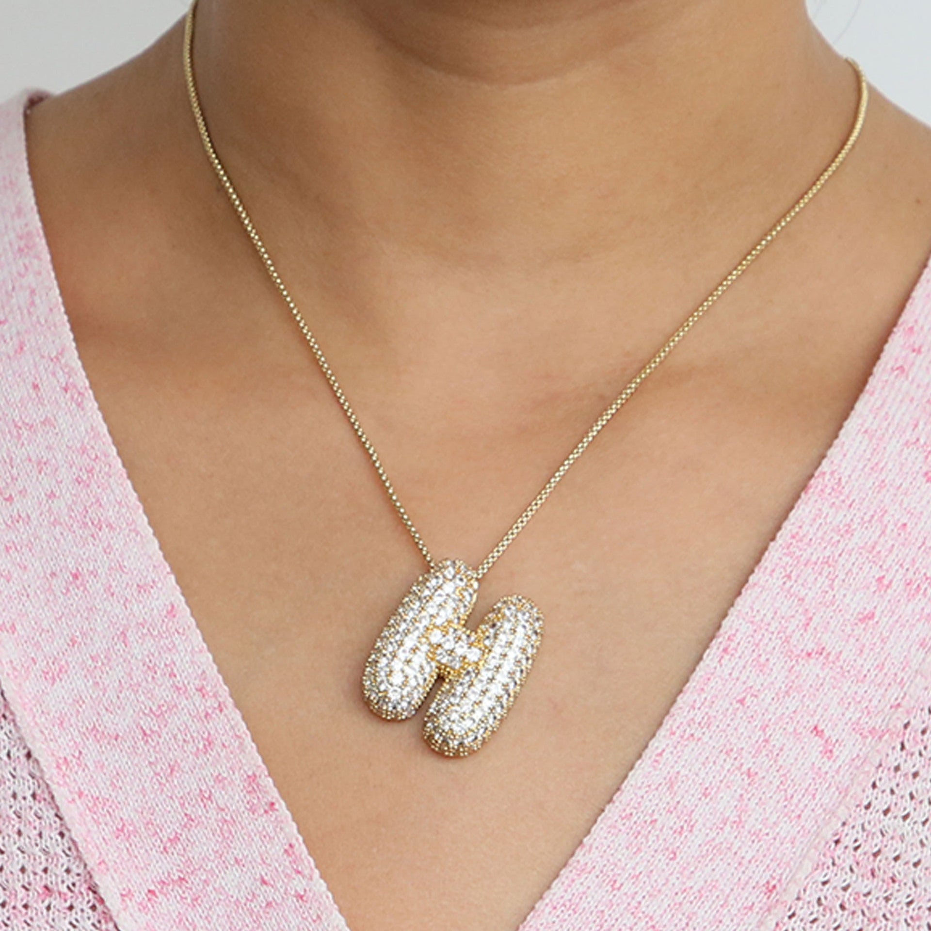Amazon's hot-selling star Hailey's brass zircon balloon bubble chubby 26 English letter necklace