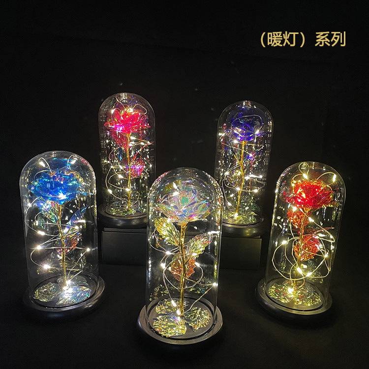 Rose flower glass cover gold foil flower with led light immortal flower Valentine's day Christmas ornaments