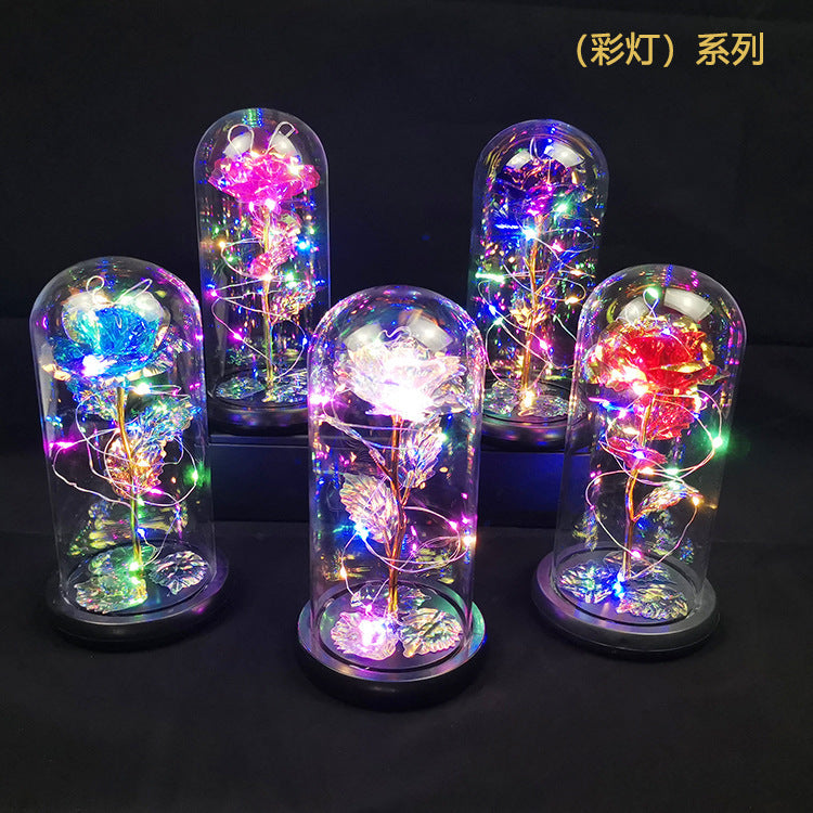 Rose flower glass cover gold foil flower with led light immortal flower Valentine's day Christmas ornaments