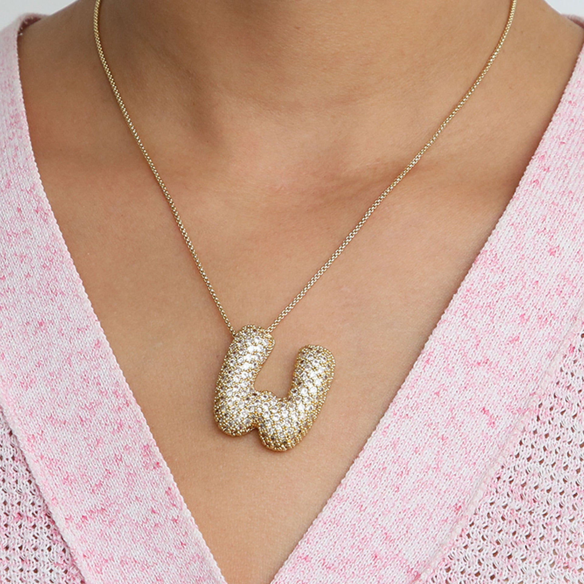 Amazon's hot-selling star Hailey's brass zircon balloon bubble chubby 26 English letter necklace